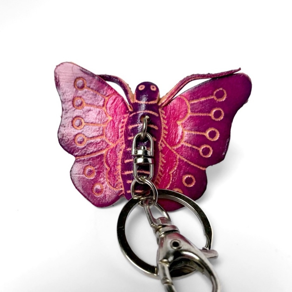 NEW HANDMADE GENUINE LEATHER FLYING BUTTERFLY FLOWER KEYCHAIN - Picture 2 of 4